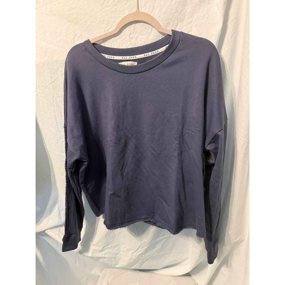Rae Dunn Nightshadow Blue Drop Shoulder Sweatshirt Crochet Trim Raw Hem XL NEW - Picture 8 of 11
